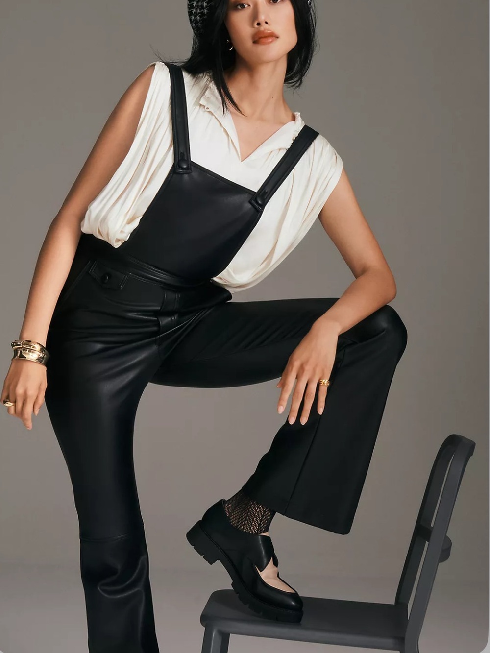 Anthropologie Maeve Black Faux Leather Suspender Overalls Flare Leg